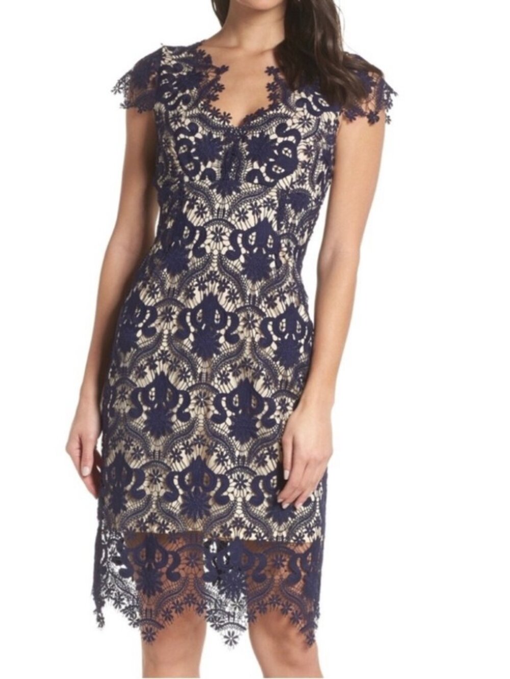 foxiedox Navy Lace Midi Dress with Cream Underlay